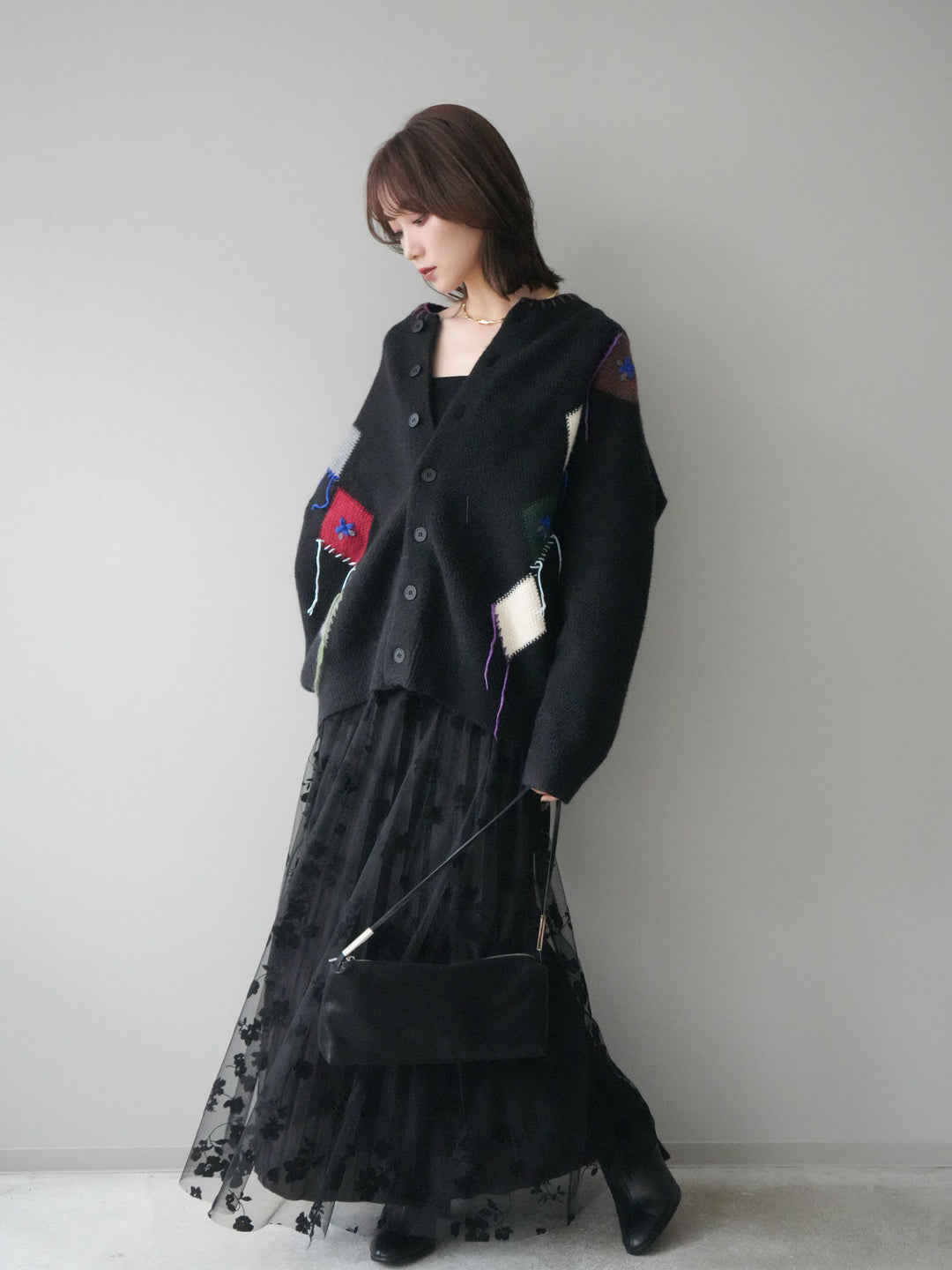 [SET]ハンドステッチアーガイルデザインニットカーディガン+フラワーフロッキーチュールプリーツスカート(2set)