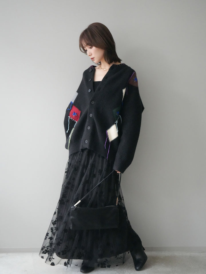 [SET]ハンドステッチアーガイルデザインニットカーディガン+フラワーフロッキーチュールプリーツスカート(2set)