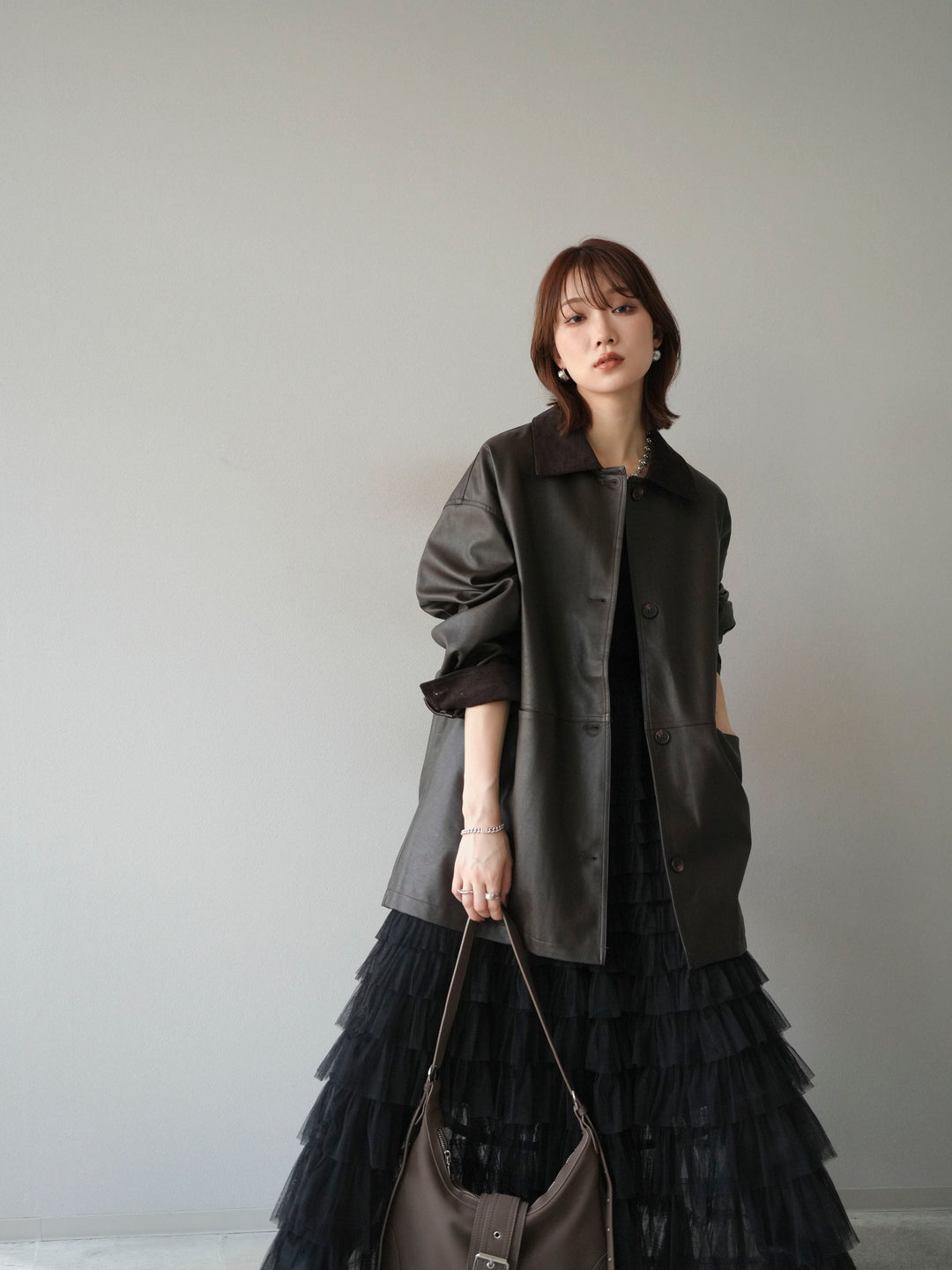 [予約]コーデュロイ襟レザーステンカラージャケット/ブラウン