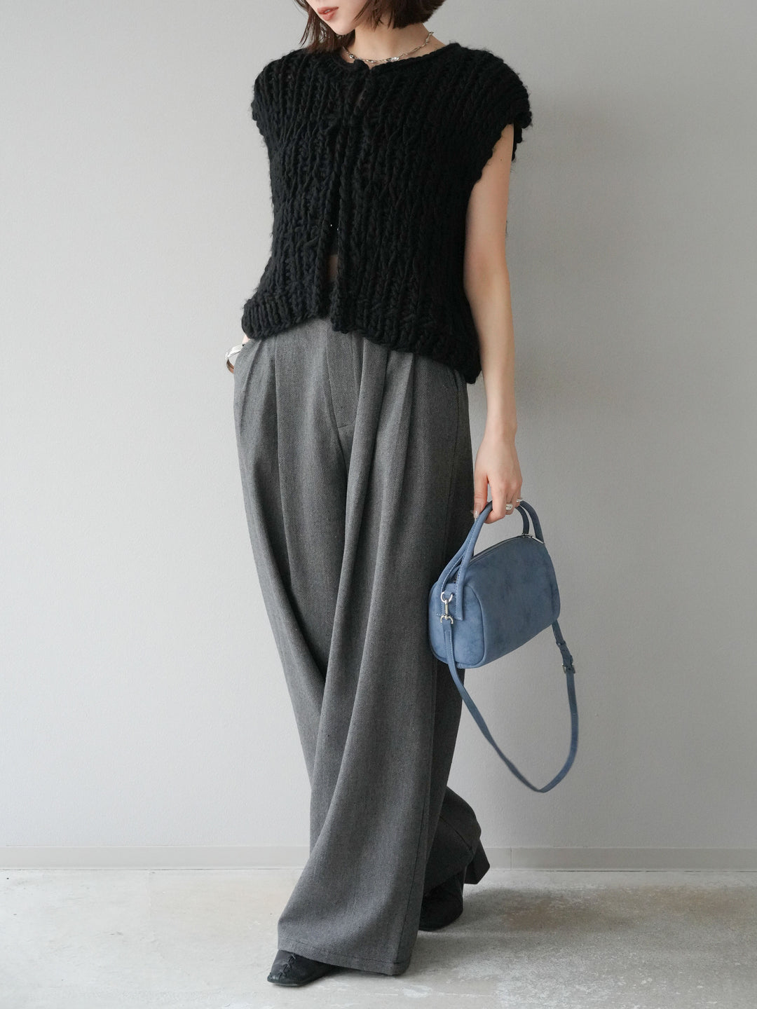 [SET] 手編繩結背心+粗花呢觸感褶皺寬褲（2件組）