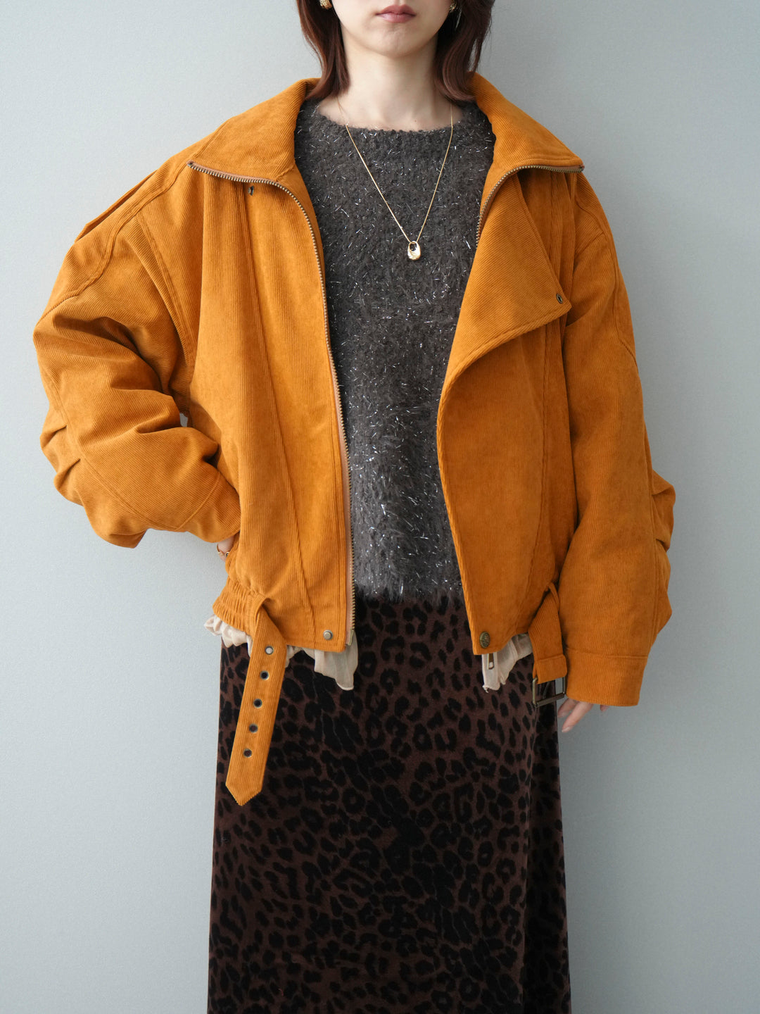 [SET]コーデュロイライダース裾レースブルゾン+モールラメミックスヤーンニットプルオーバー+レオパードベロアナロースカート(3set)