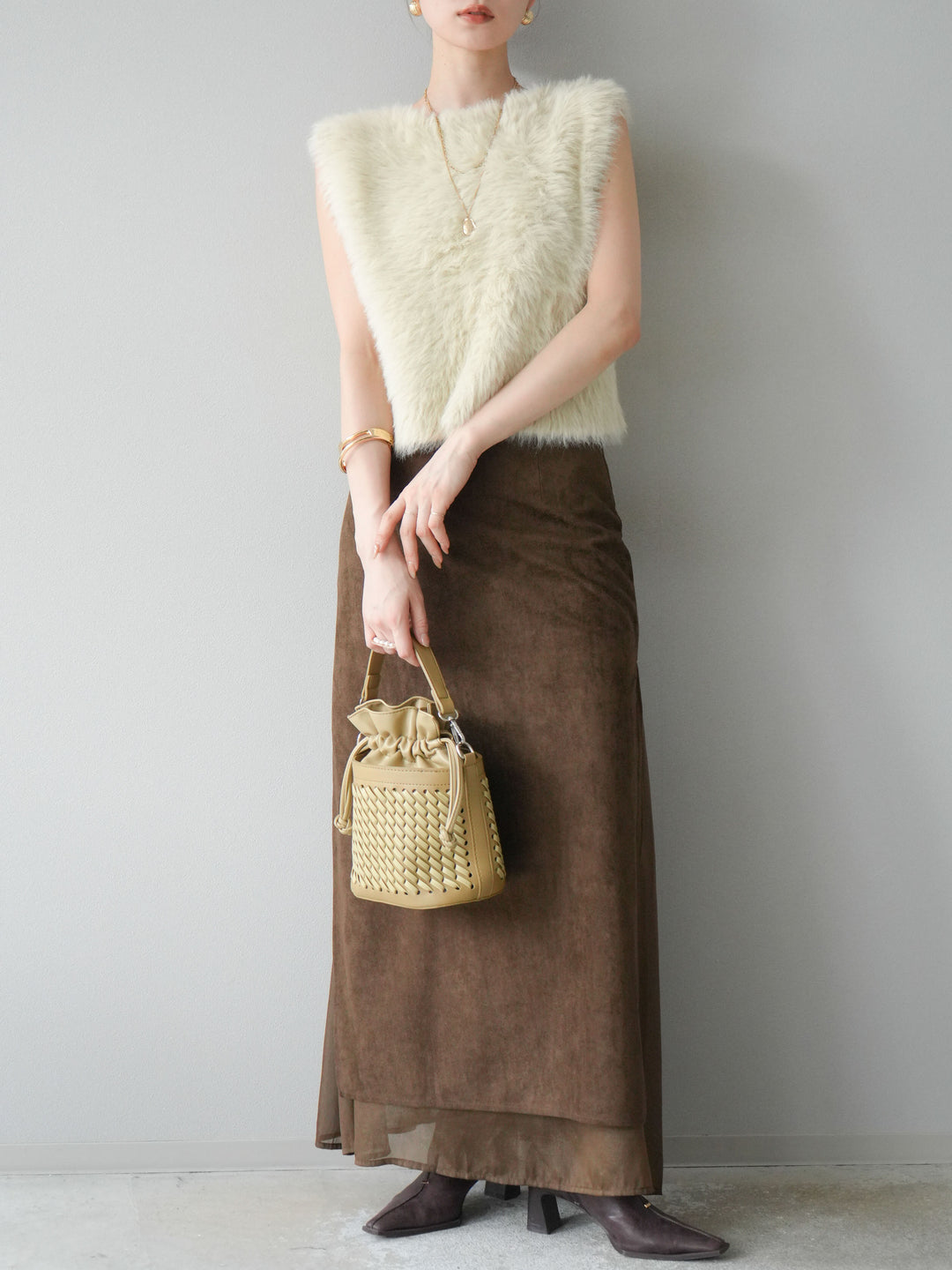 [予約]サイドスリットスウェードドッキングシフォンスカート/ブラウン