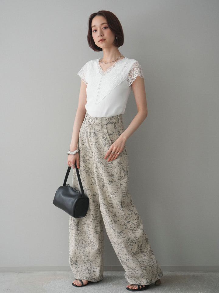 [SET]パールボタンレース切替ニットトップス+ジャガードカーブデニムパンツ(2set)