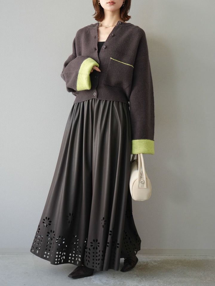 [予約]フラワーパンチングレザースカート/ブラウン