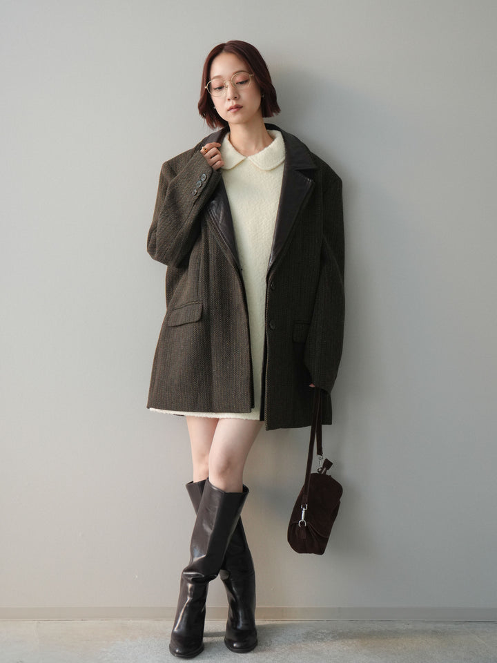 [SET]襟付きブークレミニワンピース+レイヤードデザインツイードテーラードジャケット(2set)