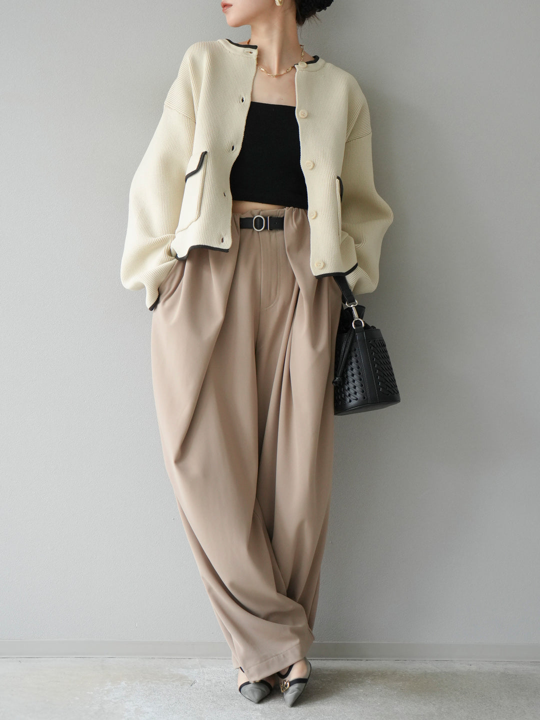 [予約]ポリエステル配色クルーネックカーディガン/アイボリー