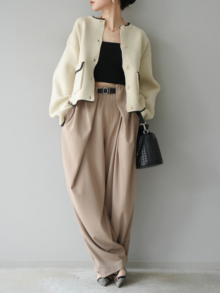 [予約]ポリエステル配色クルーネックカーディガン/アイボリー