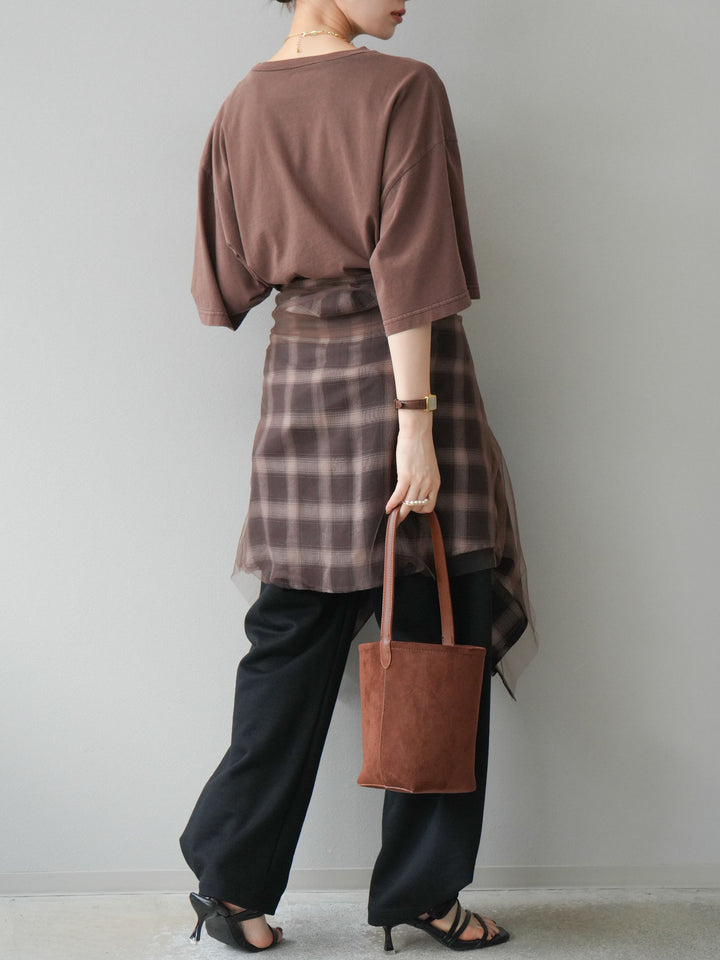 [SET]ピグメントロゴプリントTシャツ+2WAYデザインスウェットパンツ+チュールドッキングチェック柄オーバーサイズシャツ(3set)