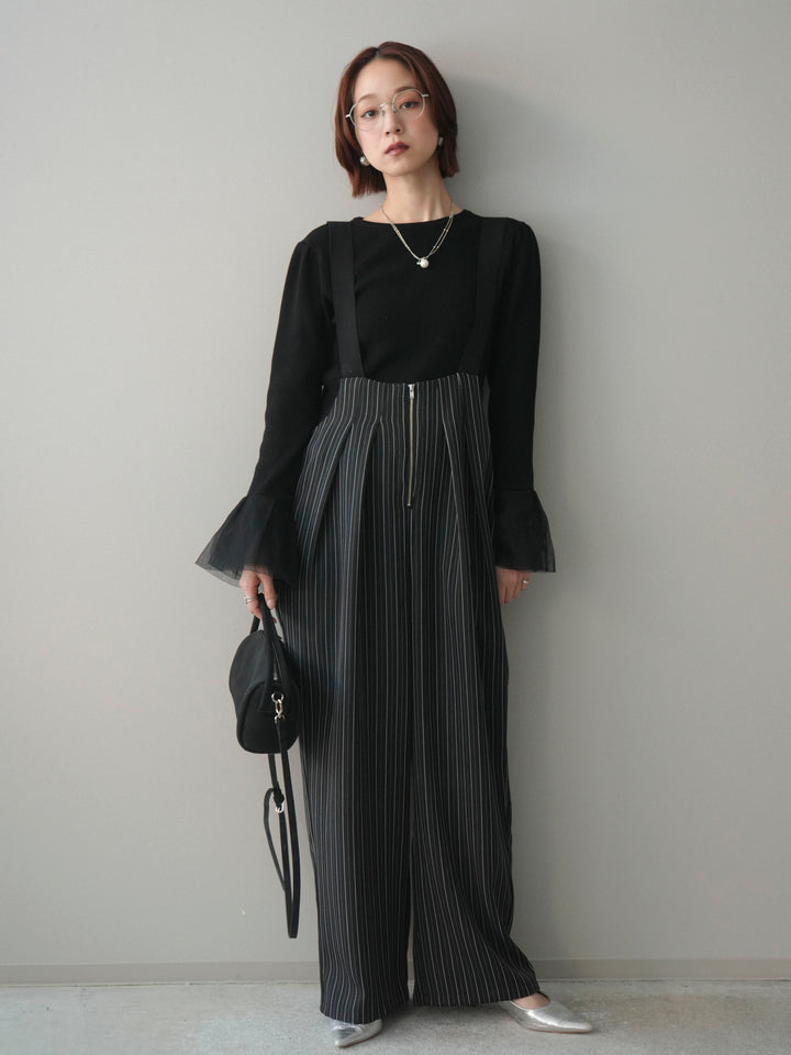 [予約]グログランテープストライプサロペット/black