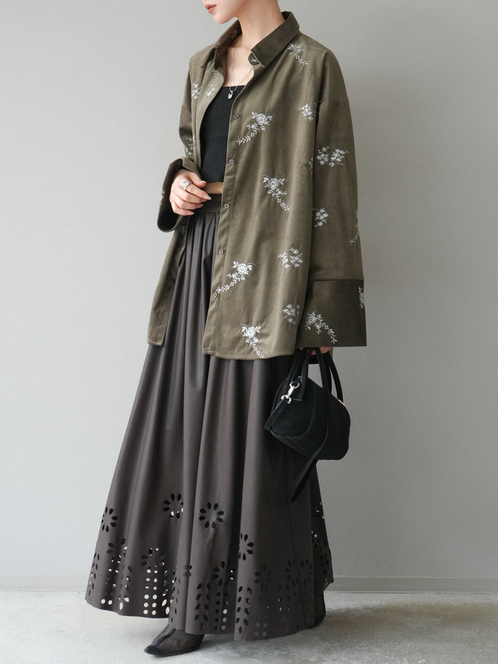 [予約]フラワーパンチングレザースカート/ブラウン