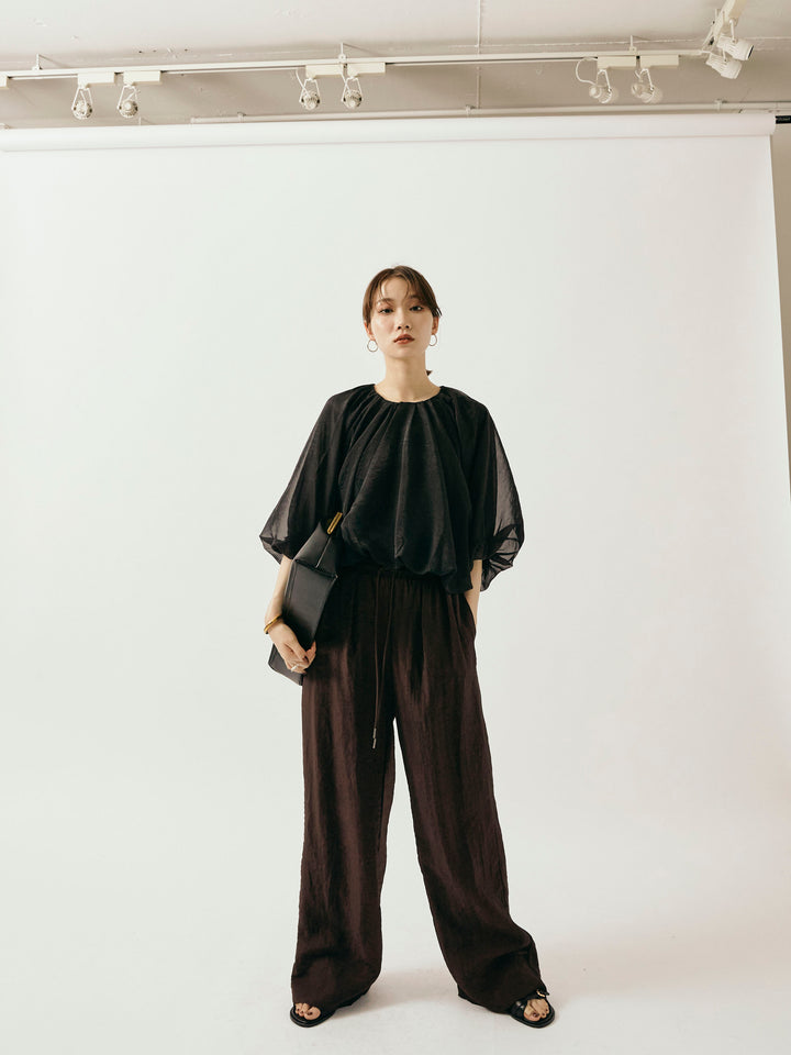 【Allure】[SET]オーガンジーバルーンショートブラウス+シャイニースラブシアーワイドパンツ(2set)