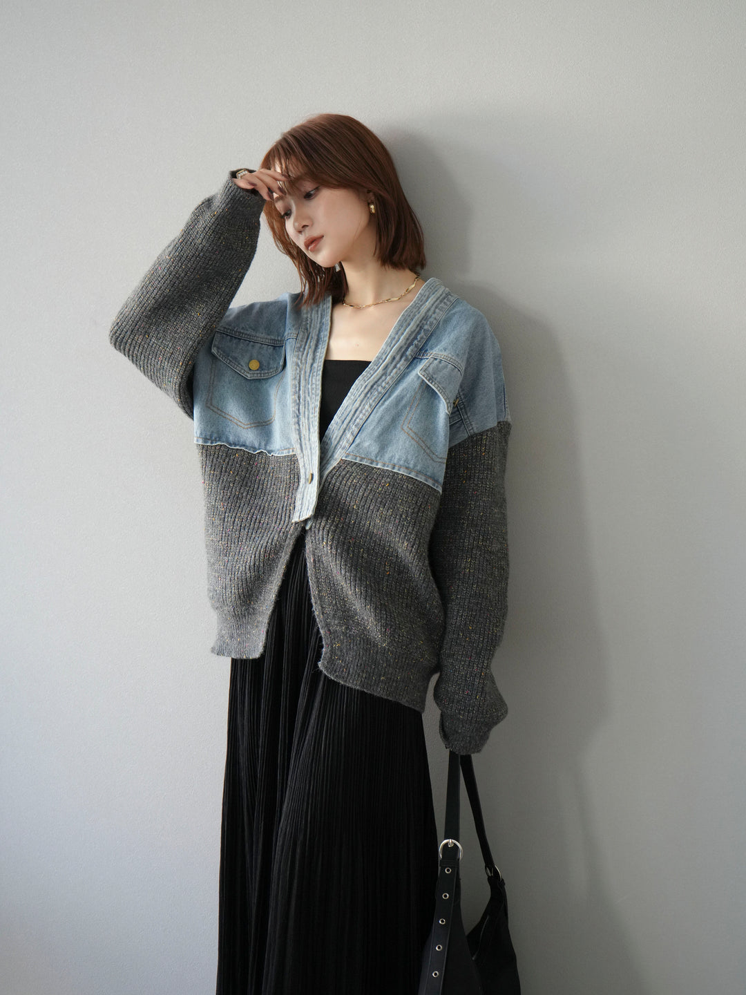 [予約]デニム切替ネップニットカーディガン/グレー