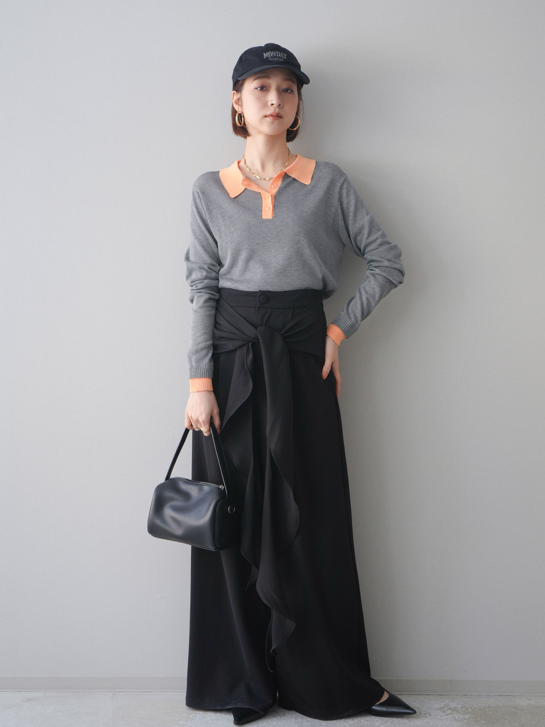 [SET]配色デザインシアーポロニット+ラッフルベルトワイドパンツ(2set)