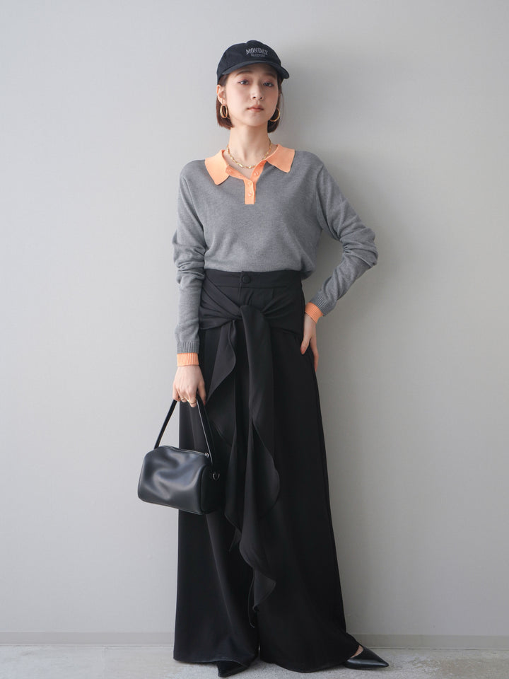 [SET]配色デザインシアーポロニット+ラッフルベルトワイドパンツ(2set)