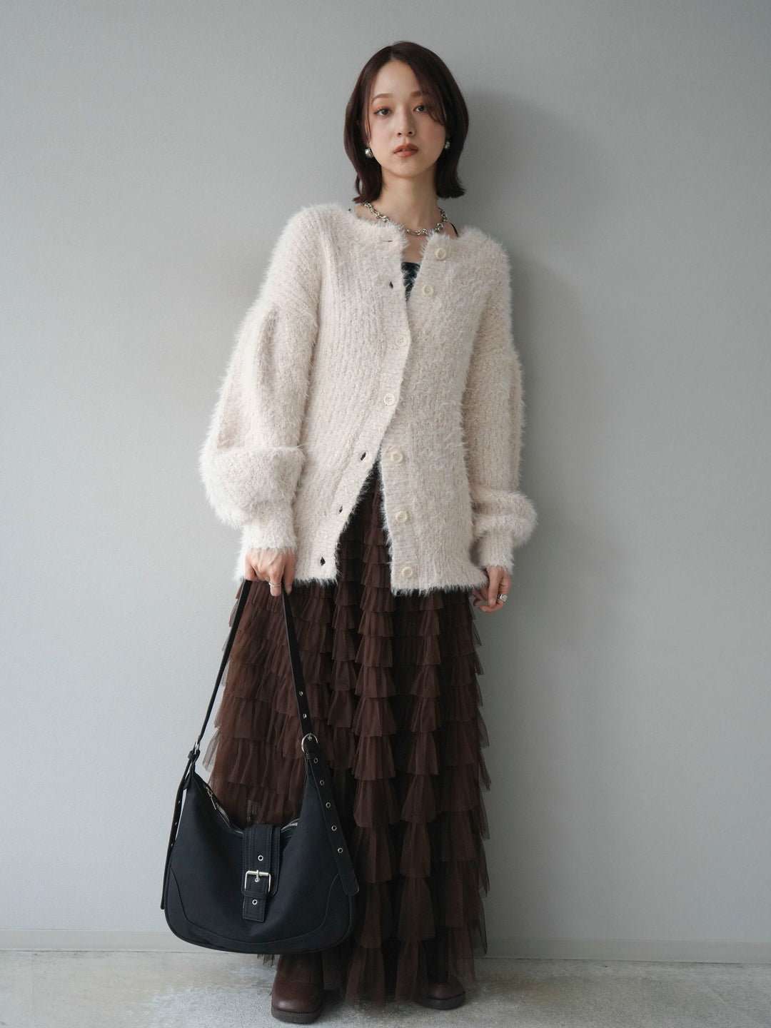 [預購] 圓領隨機毛絨開襟衫/本色