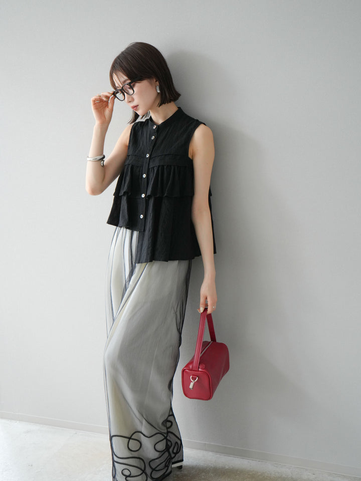 [予約]ドビーストライプアシンメトリーフリルノースリブラウス/ブラック