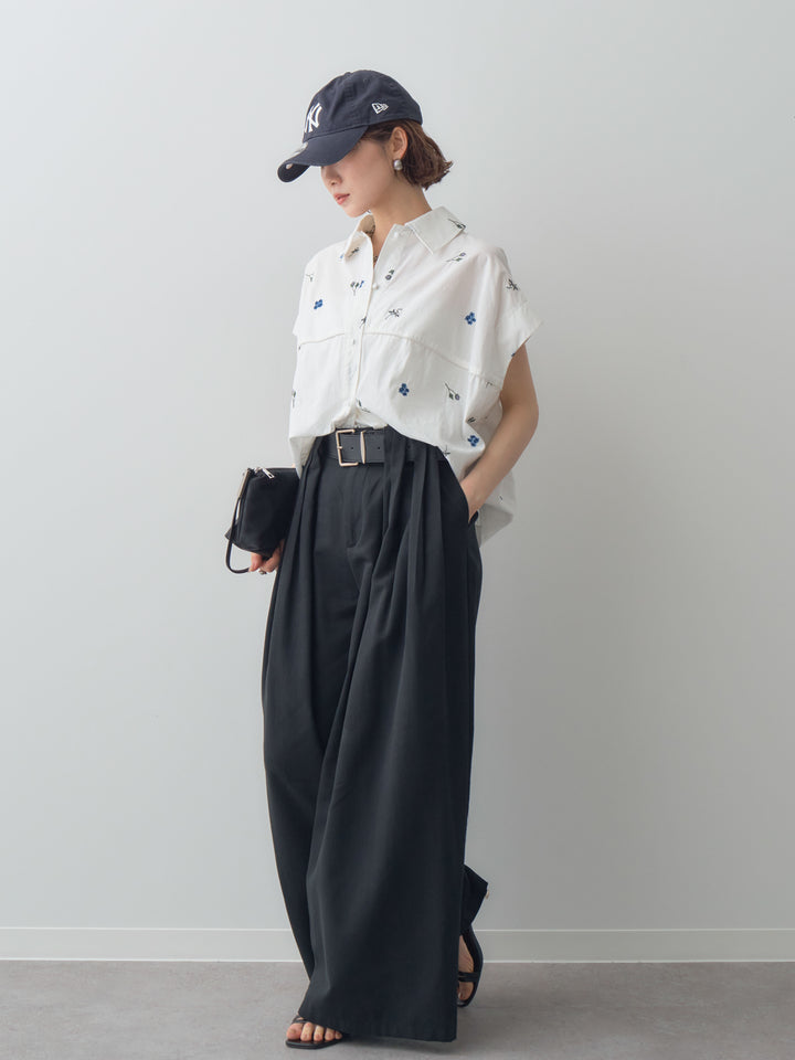 【套裝】花卉刺繡燈籠無袖襯衫+腰帶設計環扣闊腿褲（兩件套）