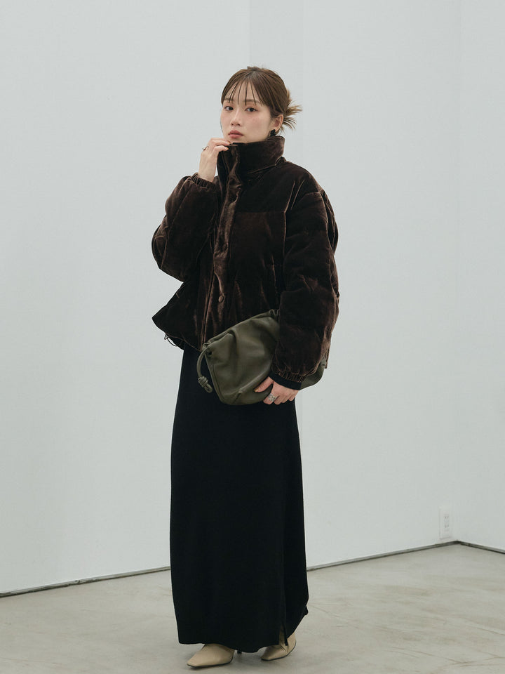 【Allure】[SET]ヘンリーネックレイヤードニットワンピース+ベロアダウンジャケット(2set)