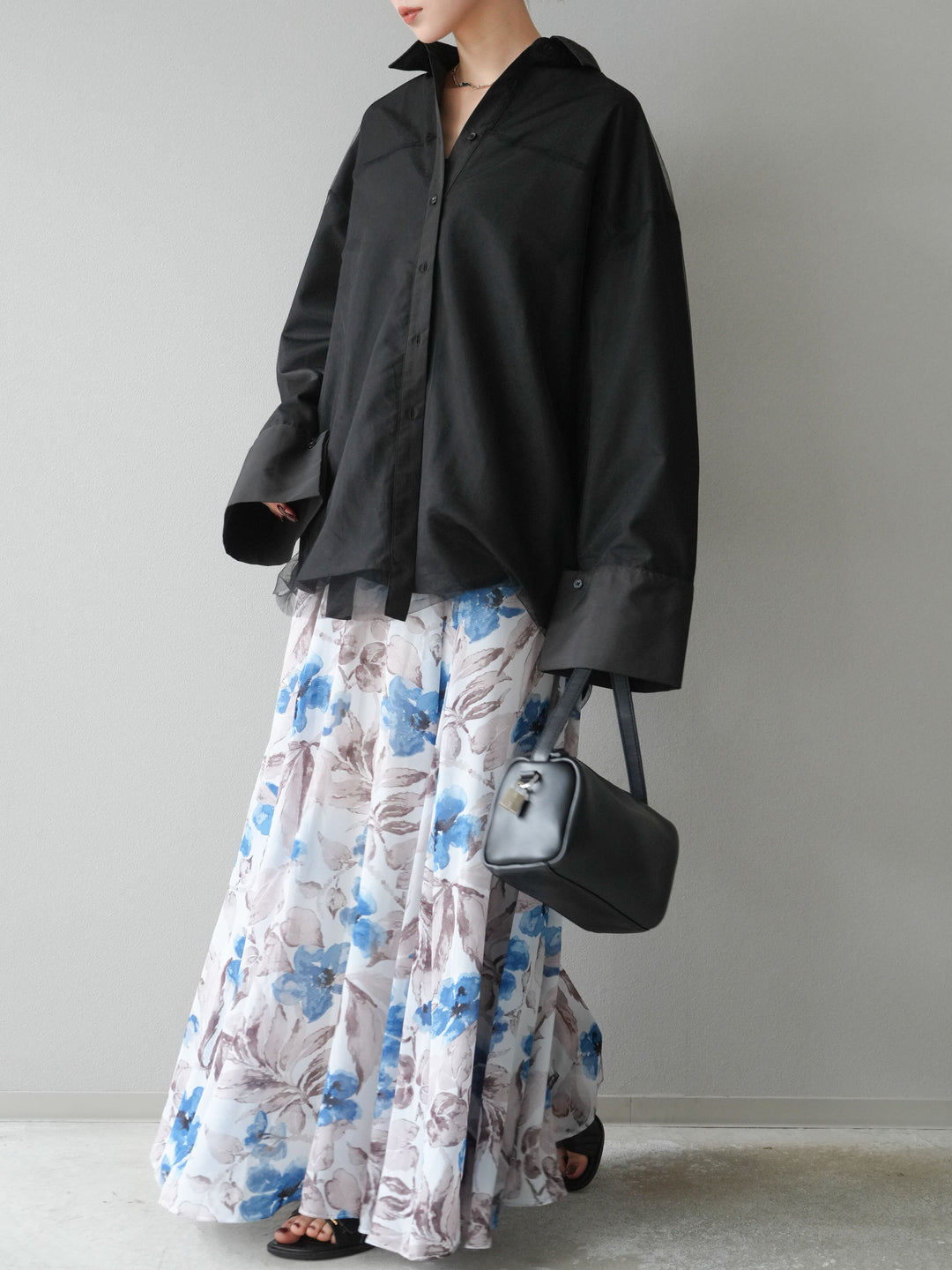 [予約]フラワープリントボリュームフレアスカート/ブルー