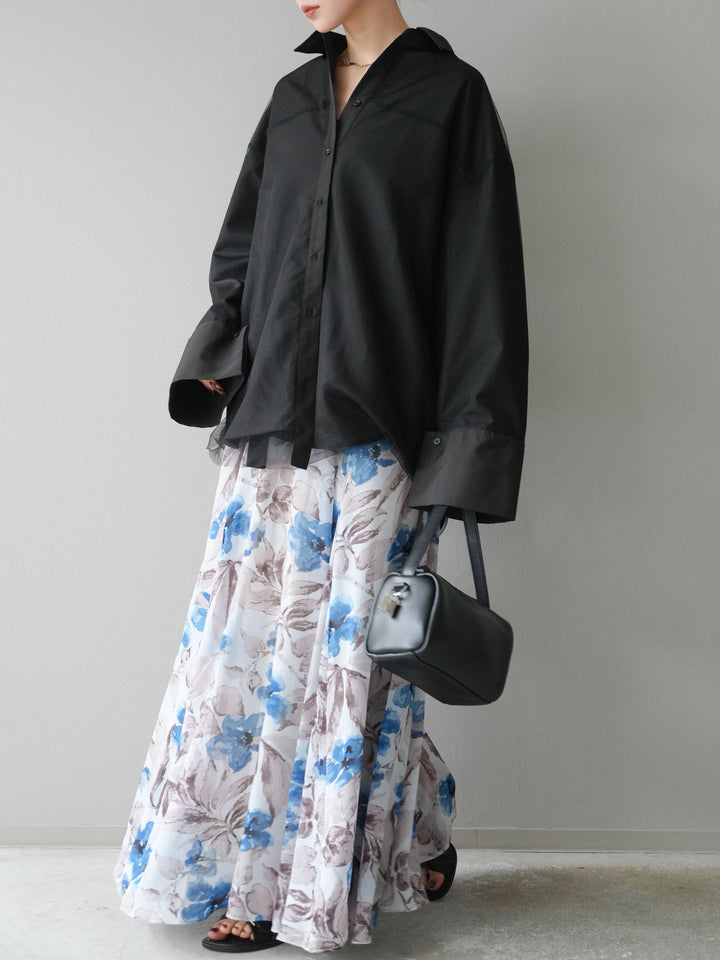 [予約]フラワープリントボリュームフレアスカート/ブルー