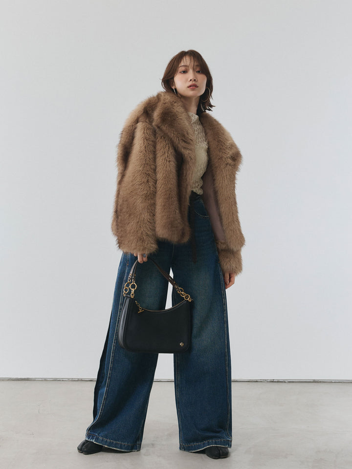 【Allure】[SET]フラワーレーストップス+フェイクファービックカラージャケット(2set)