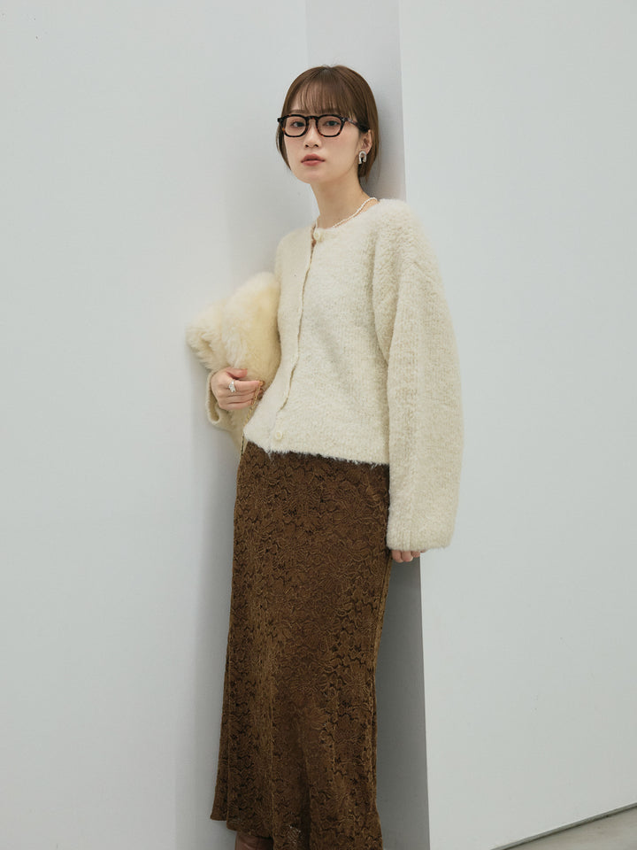 【Allure】[SET]ブークレニットカーディガン+起毛レースストレッチナロースカート(2set)