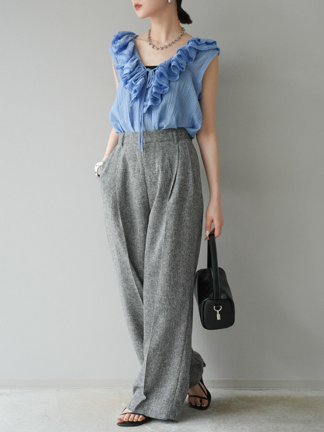 [預購] 混合粗花呢褶襉褲/黑色