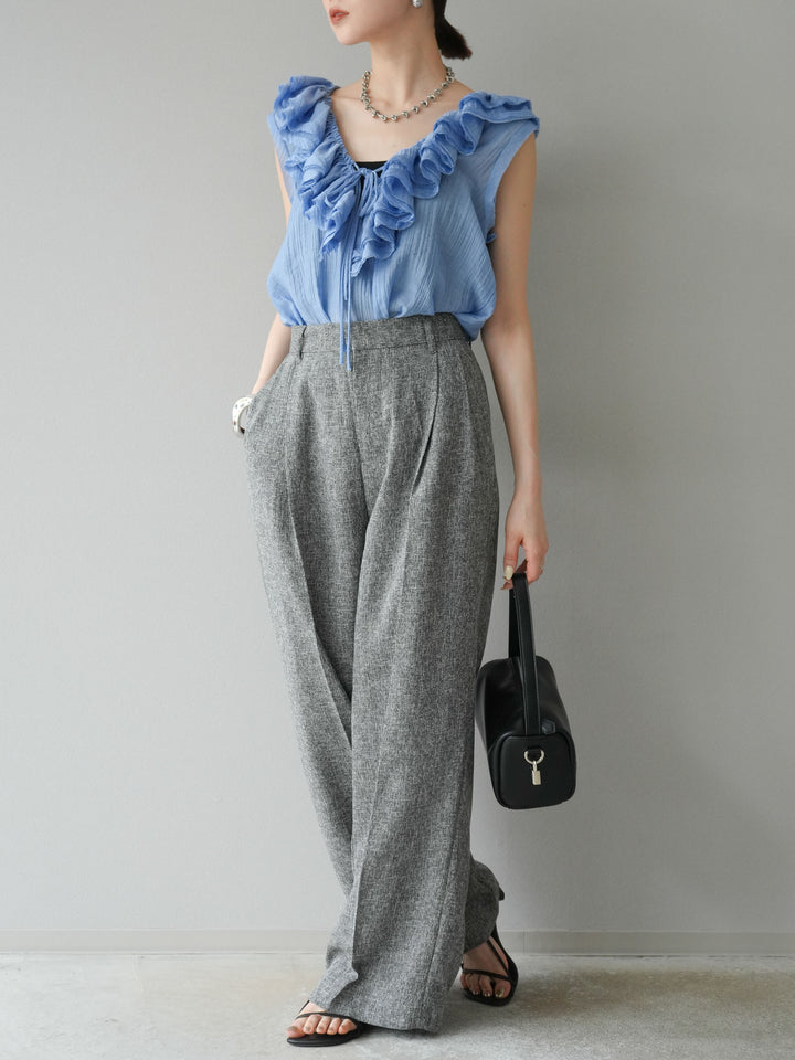 [預購] 混合粗花呢褶襉褲/黑色