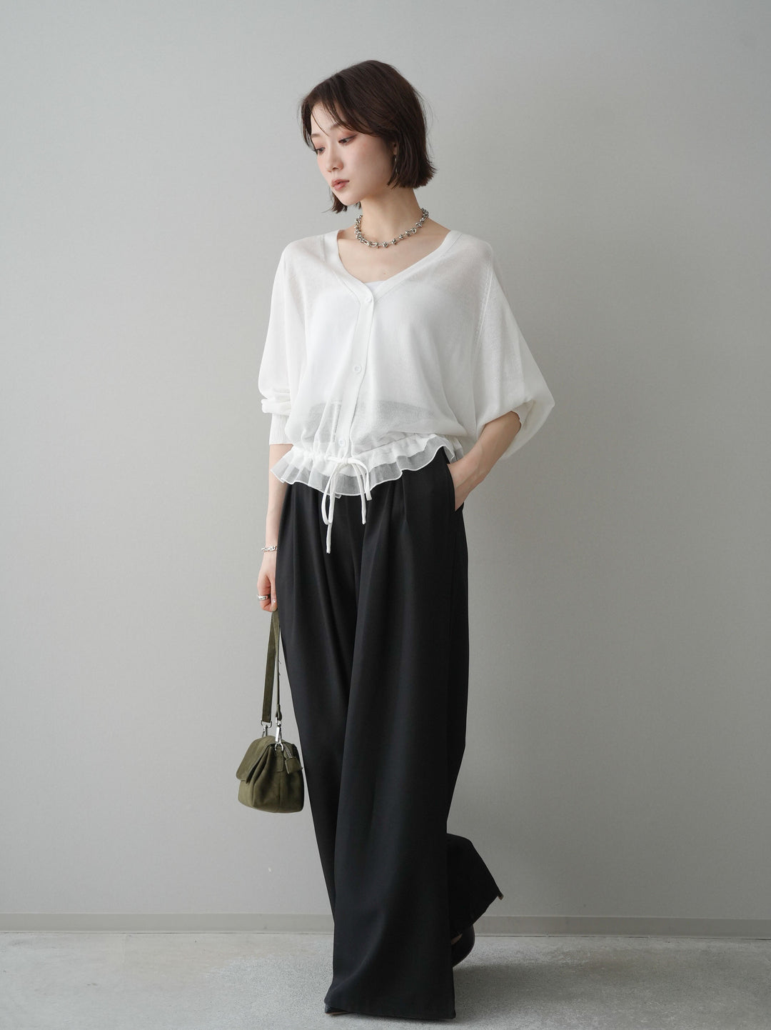 [SET]裾フリルラメシアーニットカーディガン+ダブルバックルベルト付ワイドパンツ(2set)