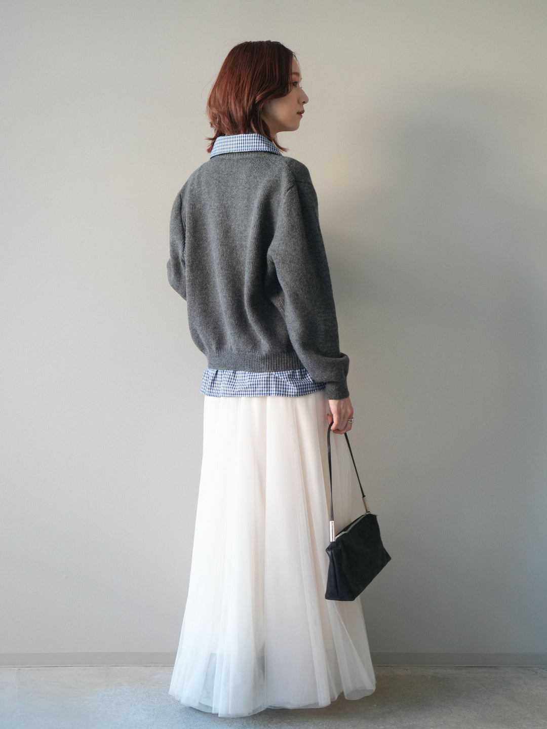 [SET]チェックシャツ襟ニットカーディガン+チュールボリュームスカート(2set)