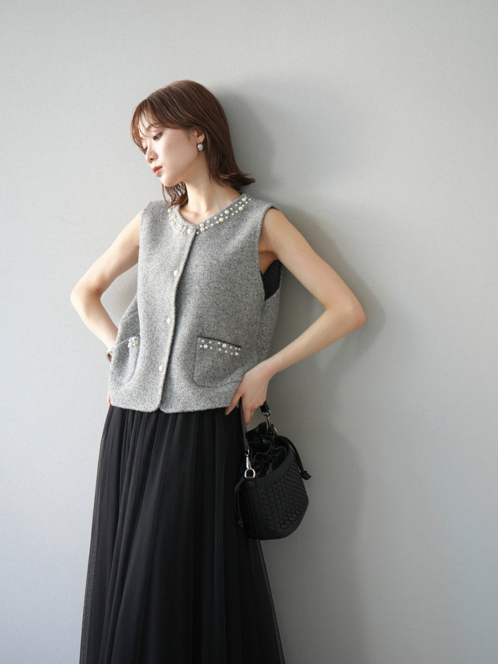 [予約]パールデザインツイードライクニットベスト/グレー