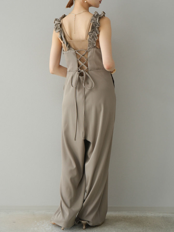 [預訂] 繫帶荷葉邊連身衣/灰褐色