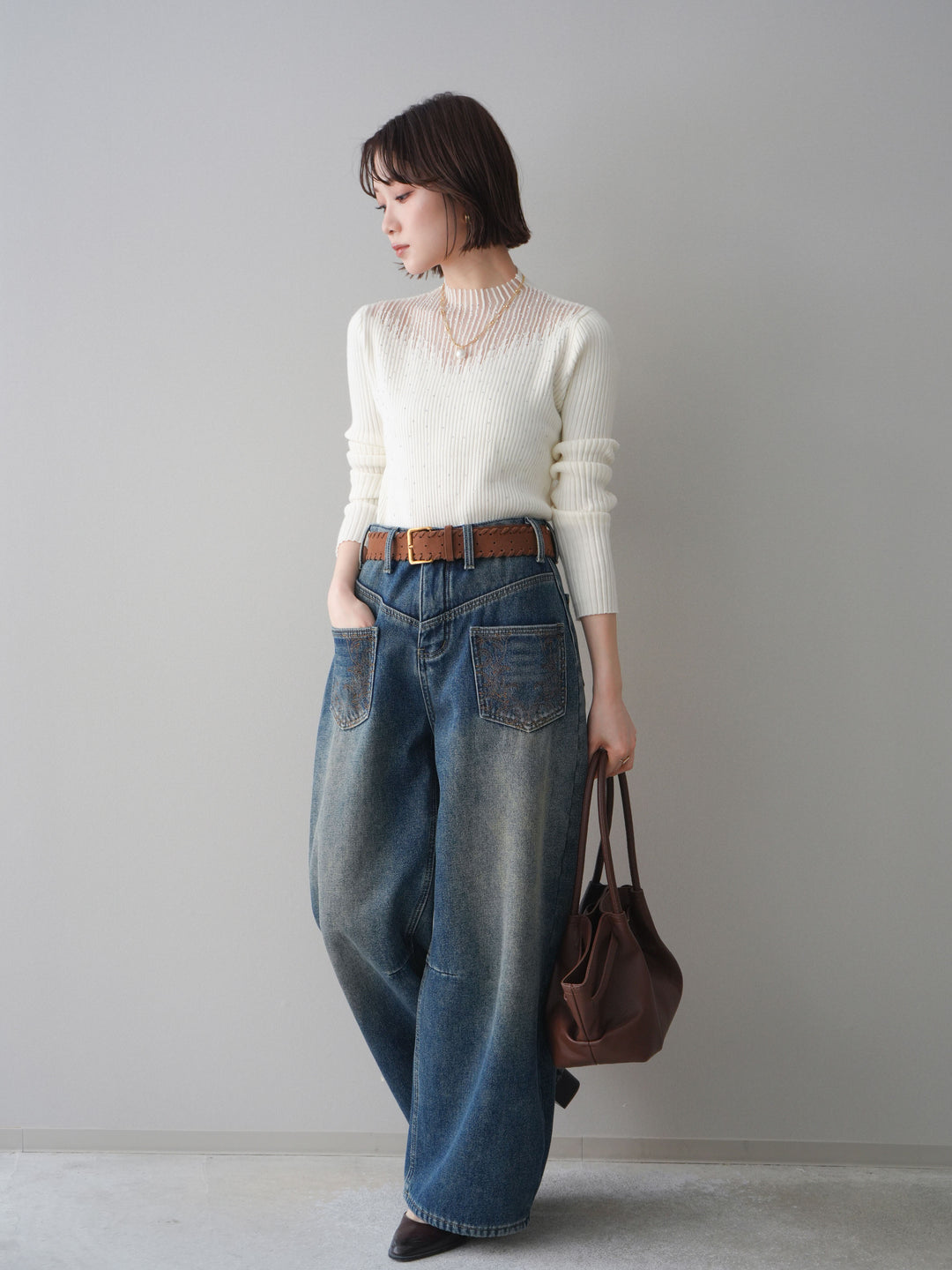 [SET]シアー切替スパンコールリブニットトップス+ベルト付ポケット刺繍カーブデニムパンツ(2set)