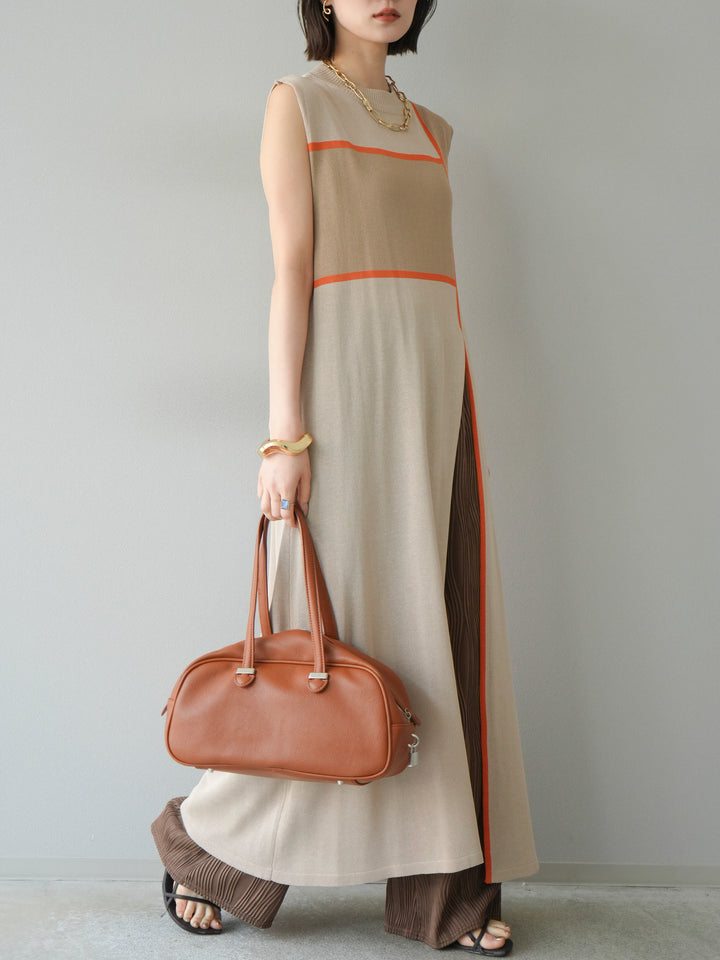 [SET] 配色開衩針織洋裝 + 波浪滾邊休閒褲 (2件套)