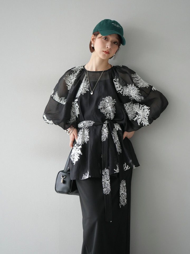 [SET]刺繍シアーバルーンスリーブブラウス+選べるアクセセット(2set)