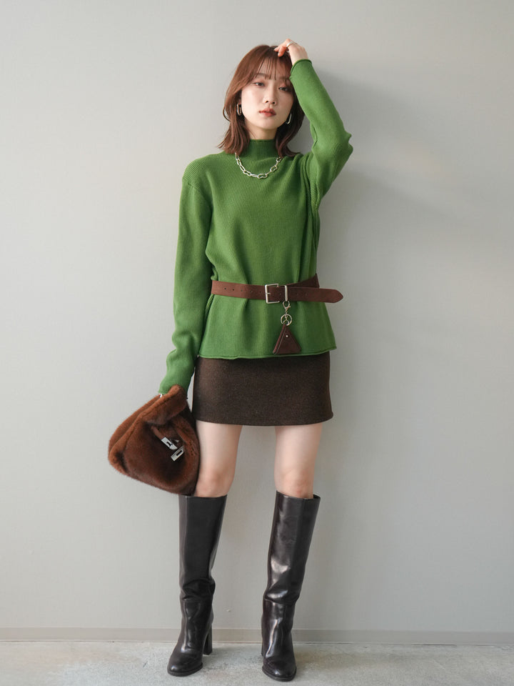 [予約]ボトルネック裾カールリブニットトップス/green