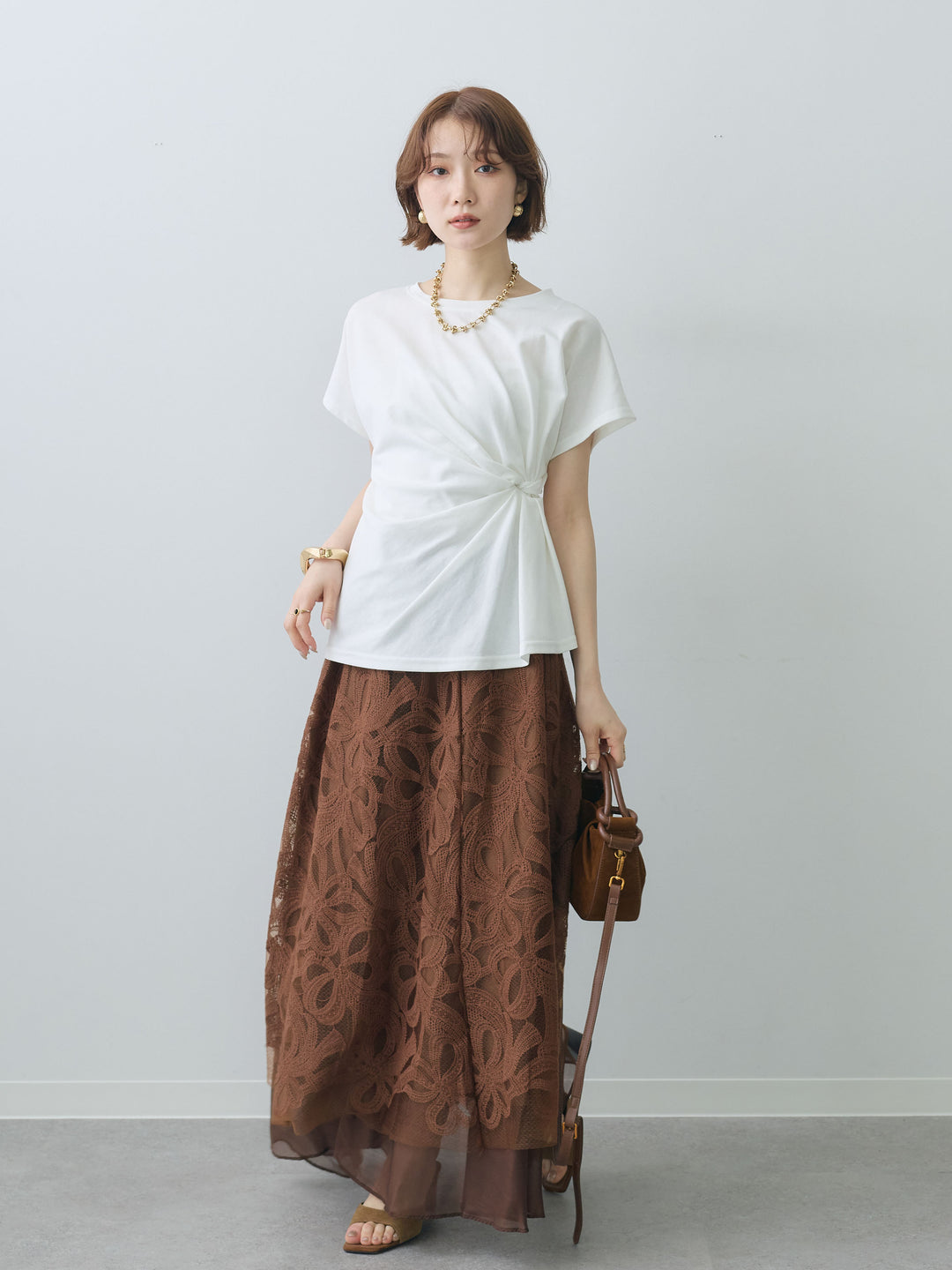 [SET]サイドノットTEE+フラワーレースレイヤードスカート(2set)