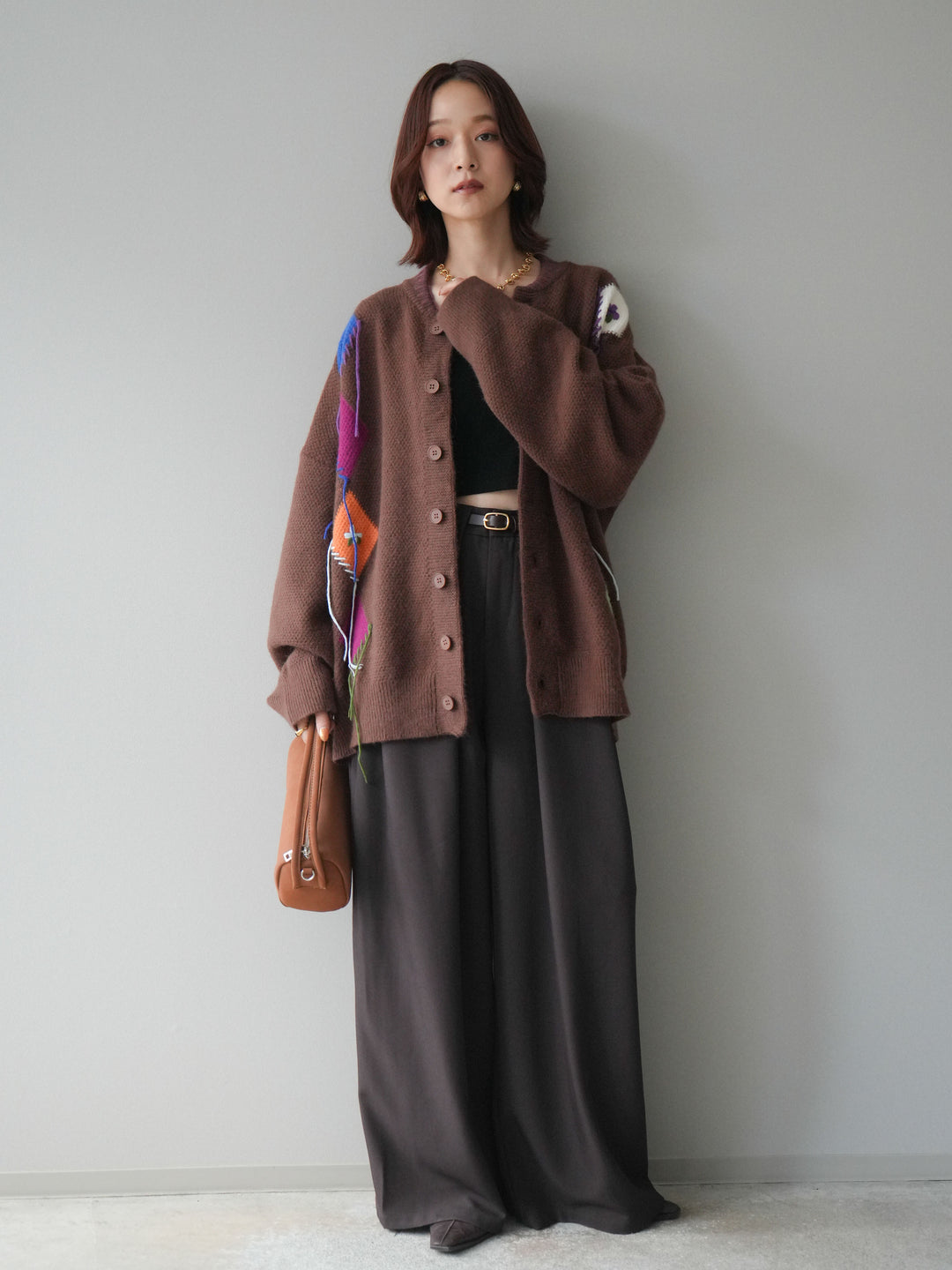 [SET]ハンドステッチアーガイルデザインニットカーディガン+ベルトループデザインワイドパンツ(2set)
