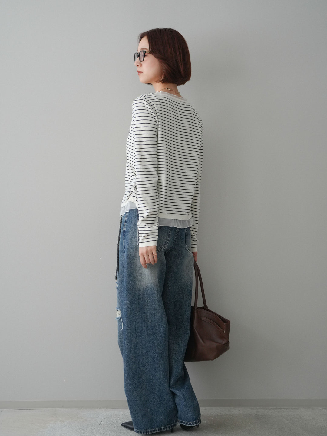 [SET]チュールレイヤードデザインボーダーニットトップス+ダメージデニムセミワイドパンツ(2set)