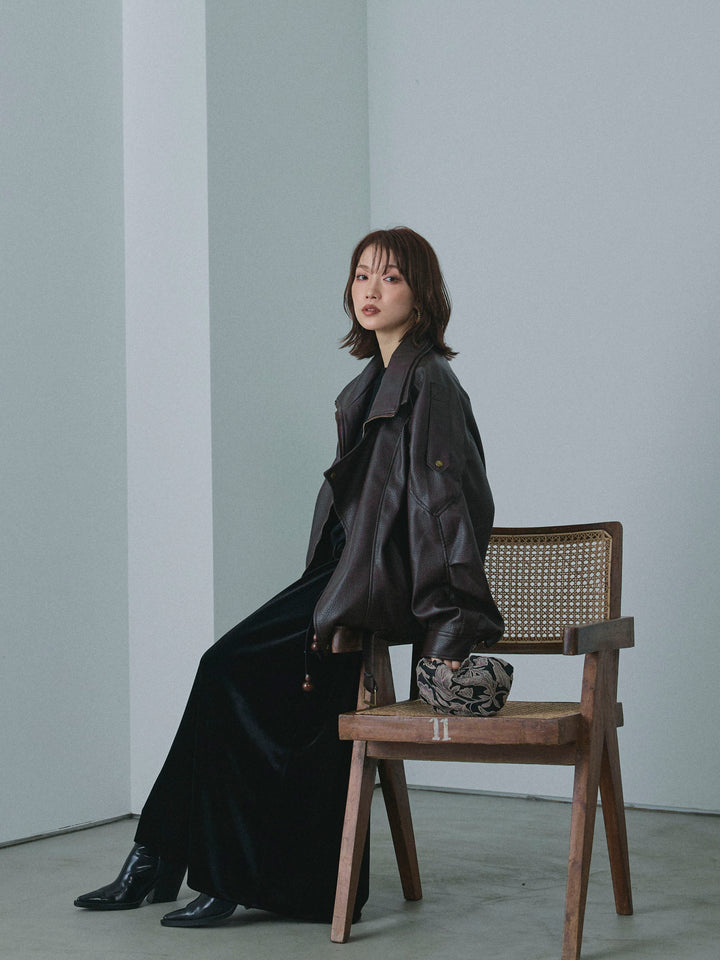 【Allure】[SET]スタンドカラーレザーブルゾン+ワンショルケーブル編みニット+ベロアナロースカート(3set)