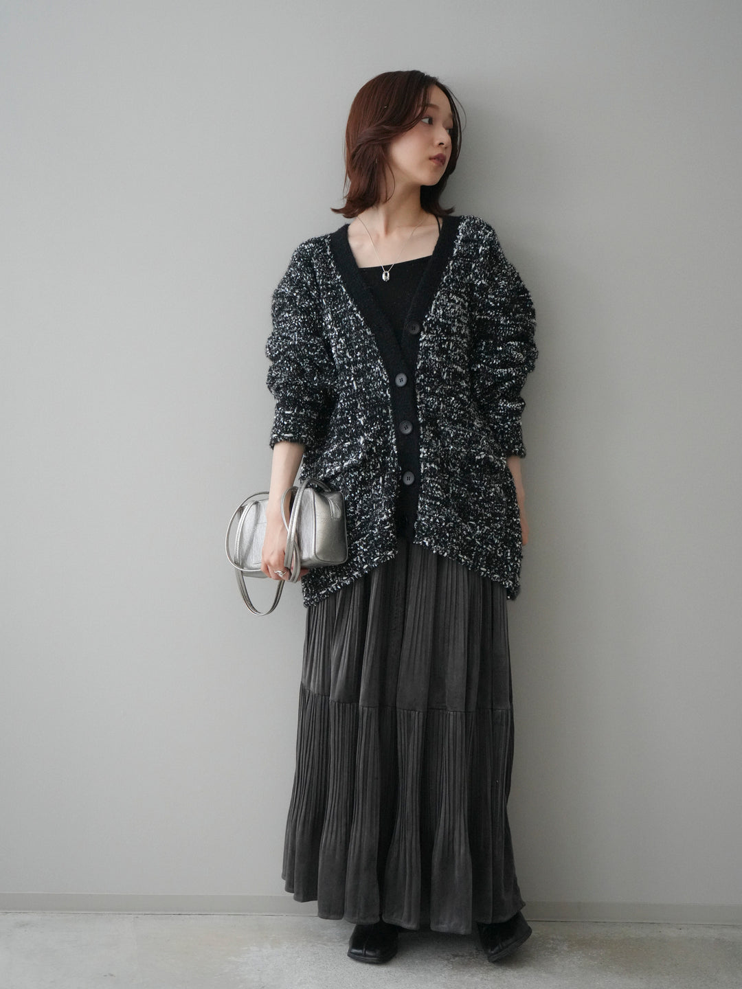 [SET]モールネップニットカーディガン+ベロアティアードワッシャースカート(2set)