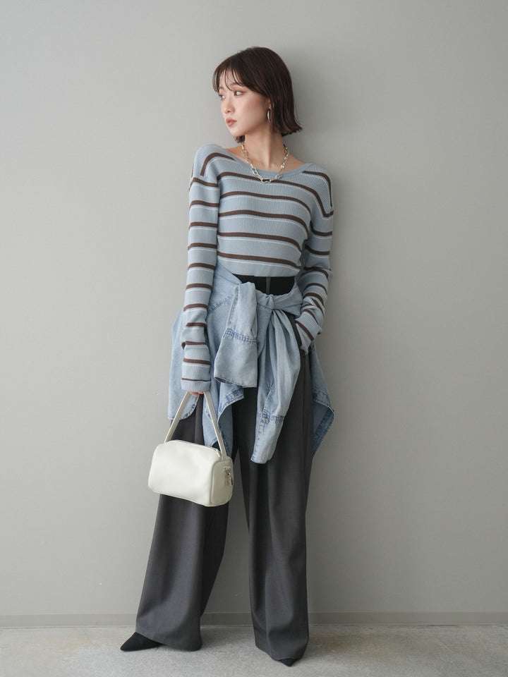 [予約]バックオープンテレコリブマルチボーダートップス/blue