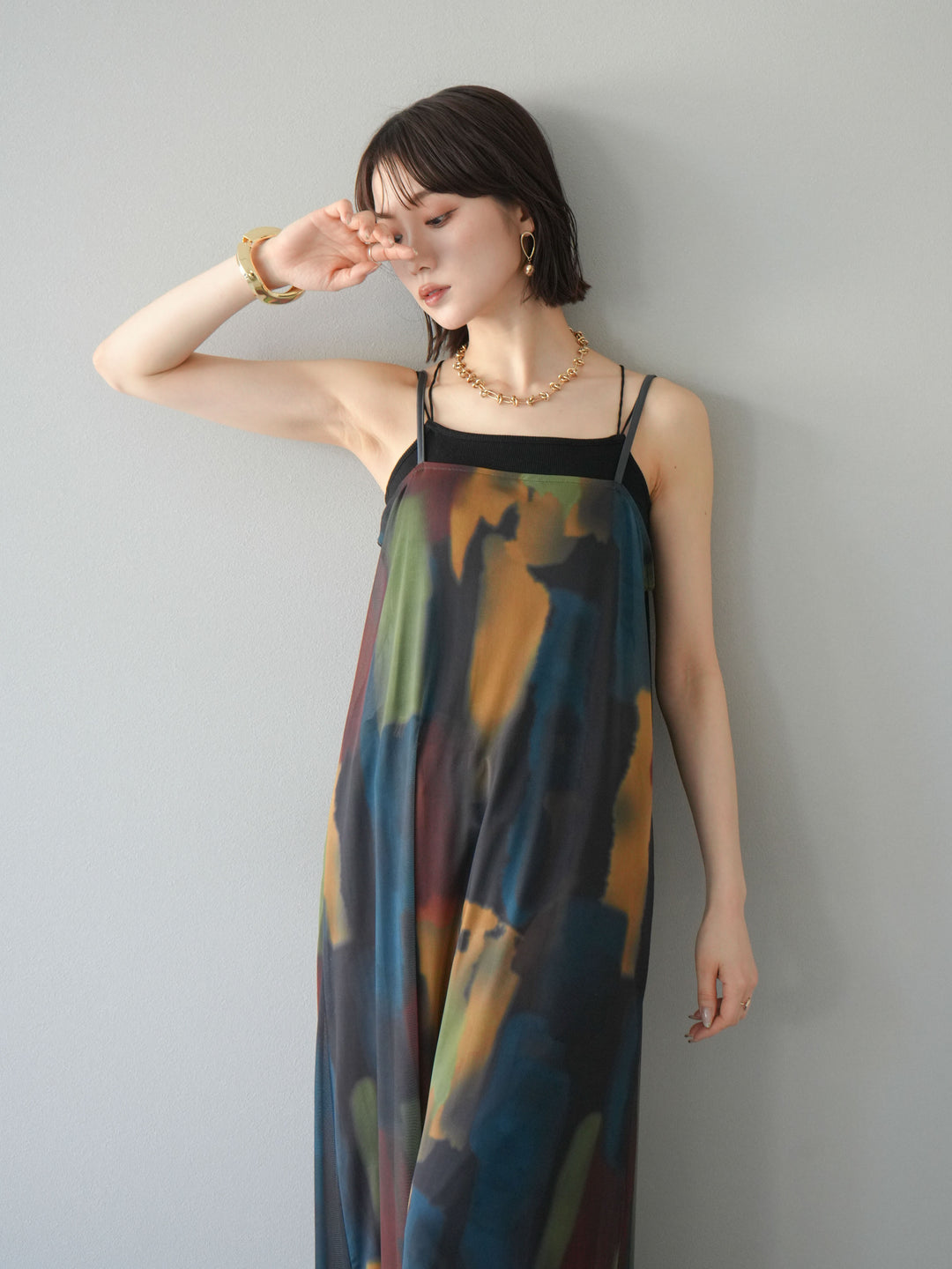 [予約]水彩アートシアーキャミワンピース/チャコール