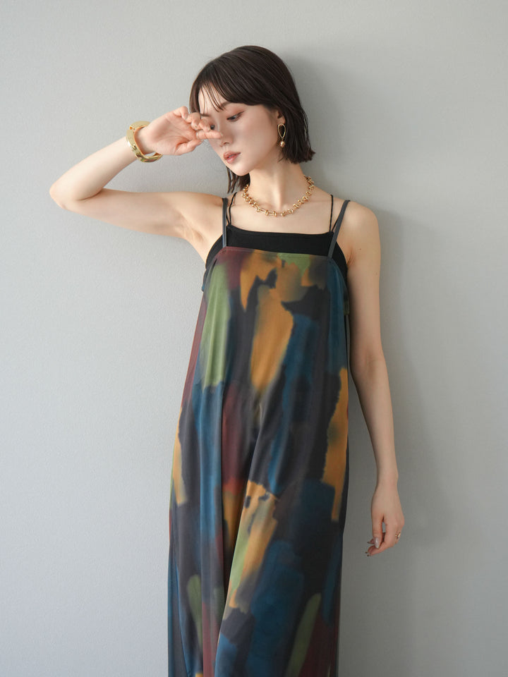 [予約]水彩アートシアーキャミワンピース/チャコール