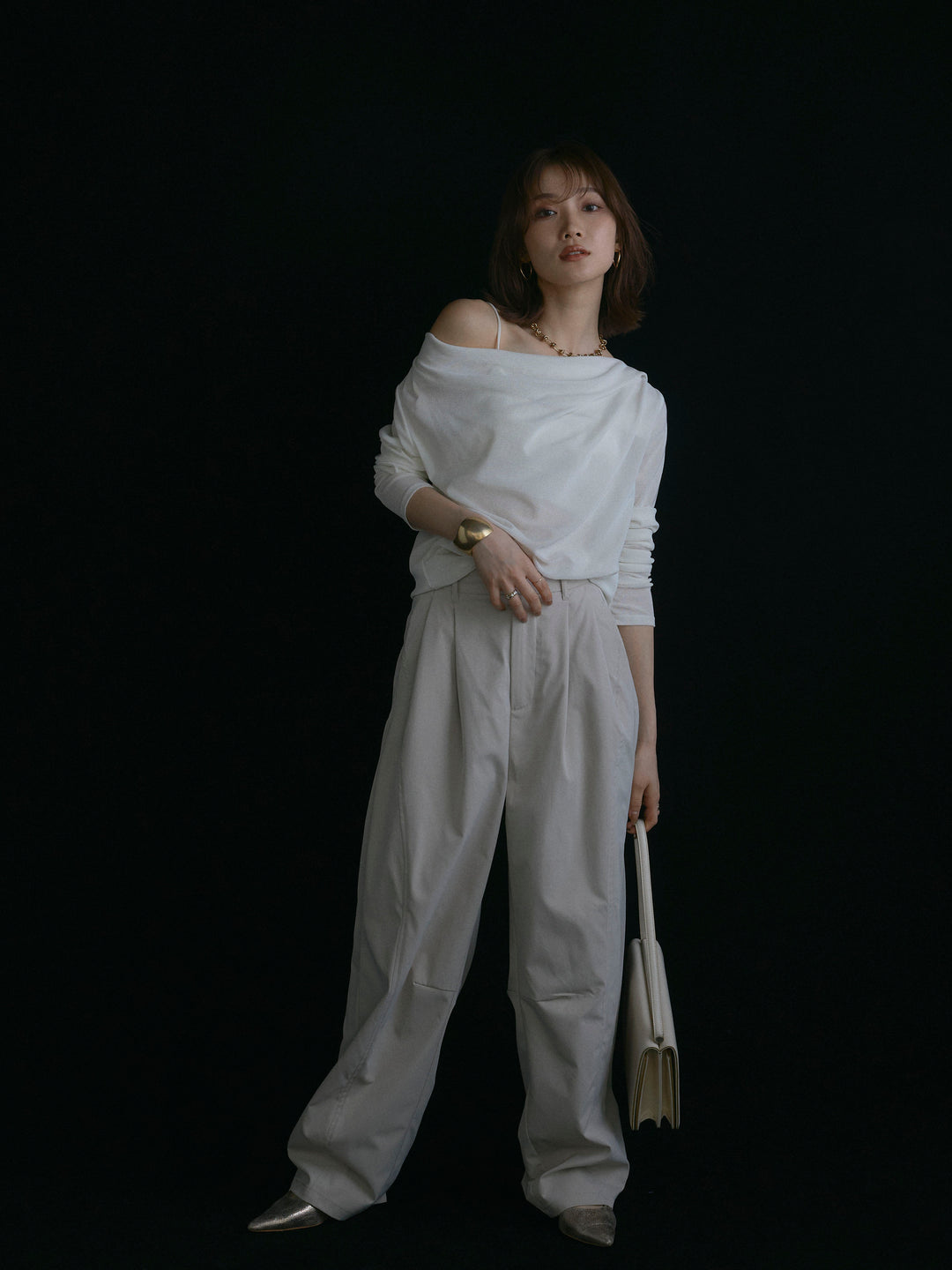 【Allure】[SET]シアーベロアタックデザイントップス+タフタワイドカーブパンツ(2set)