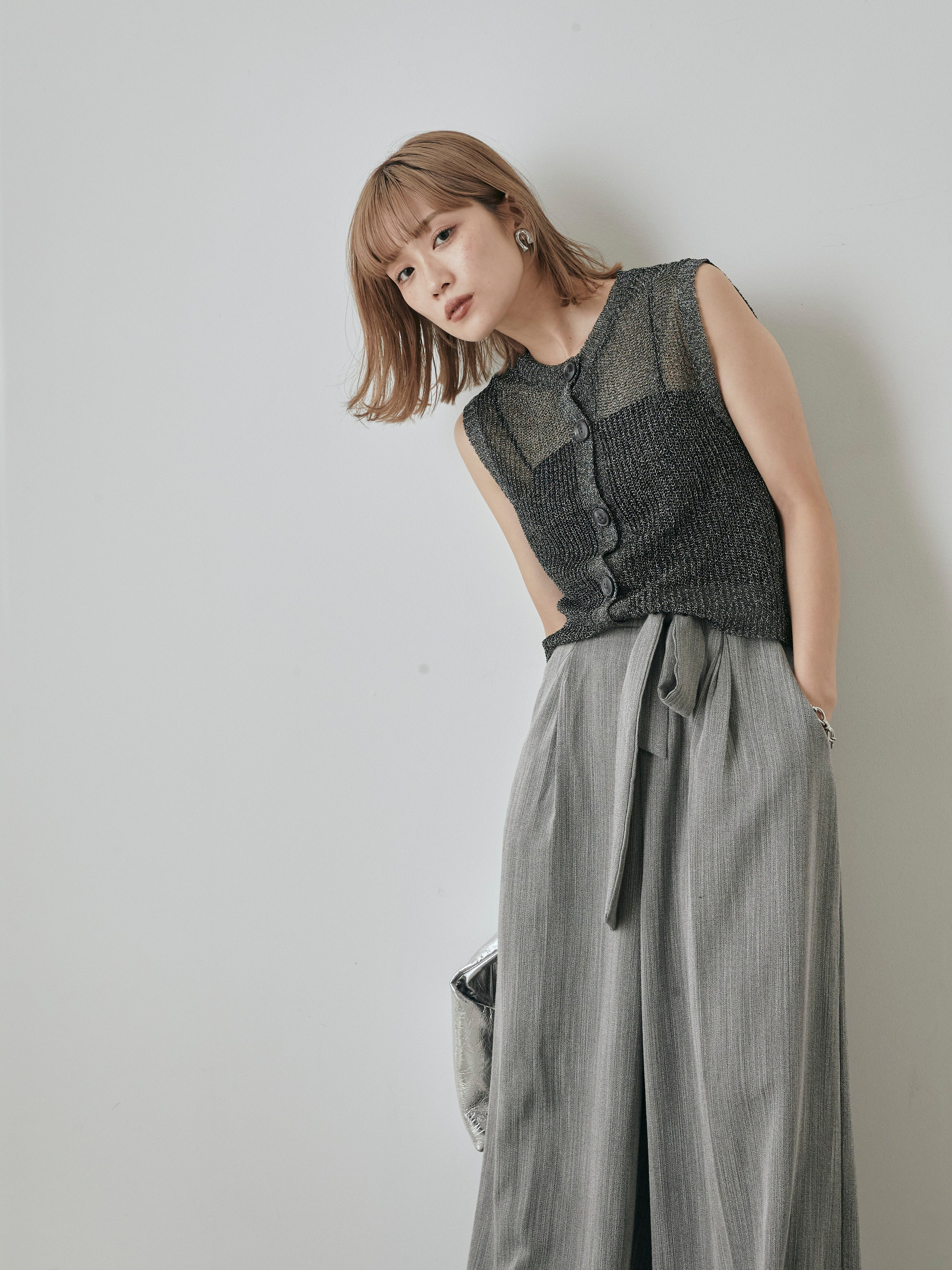 SET]コードラメニットベスト+リネンライクウエストリボンワイドパンツ