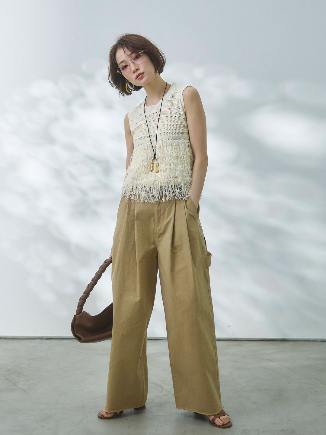 【Allure】[SET]フリンジクロップドニットベスト+カットオフコットンツイルタックワイドパンツ(2set)