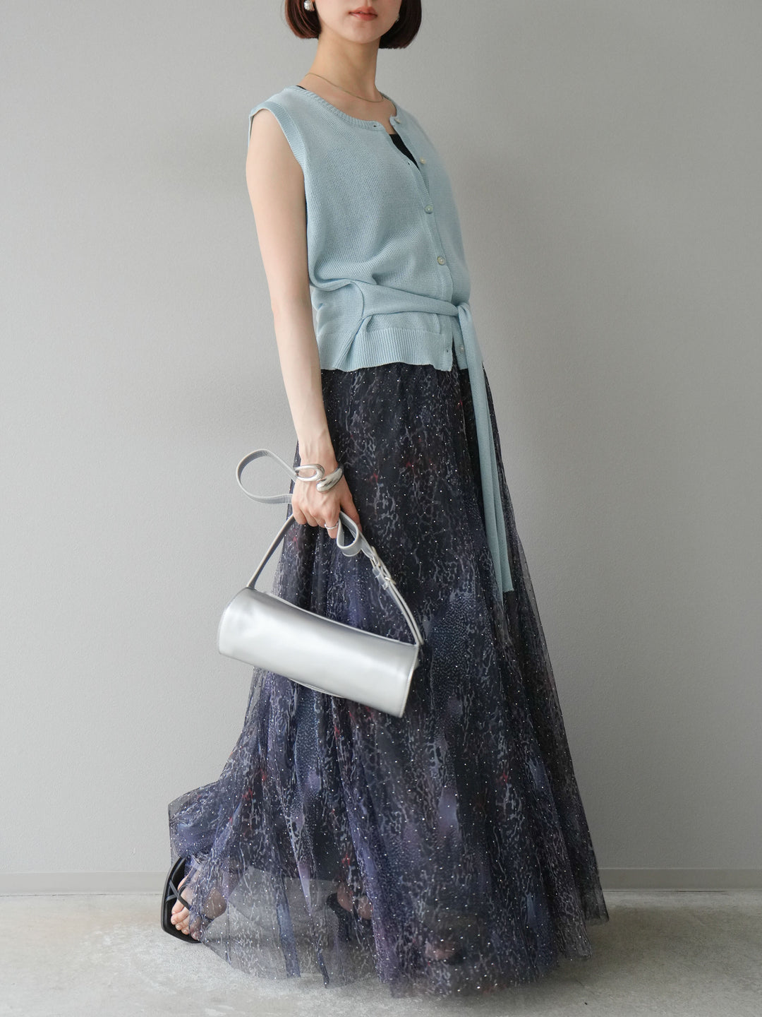 [予約]ニュアンス柄チュールレイヤードプリーツスカート/ネイビー