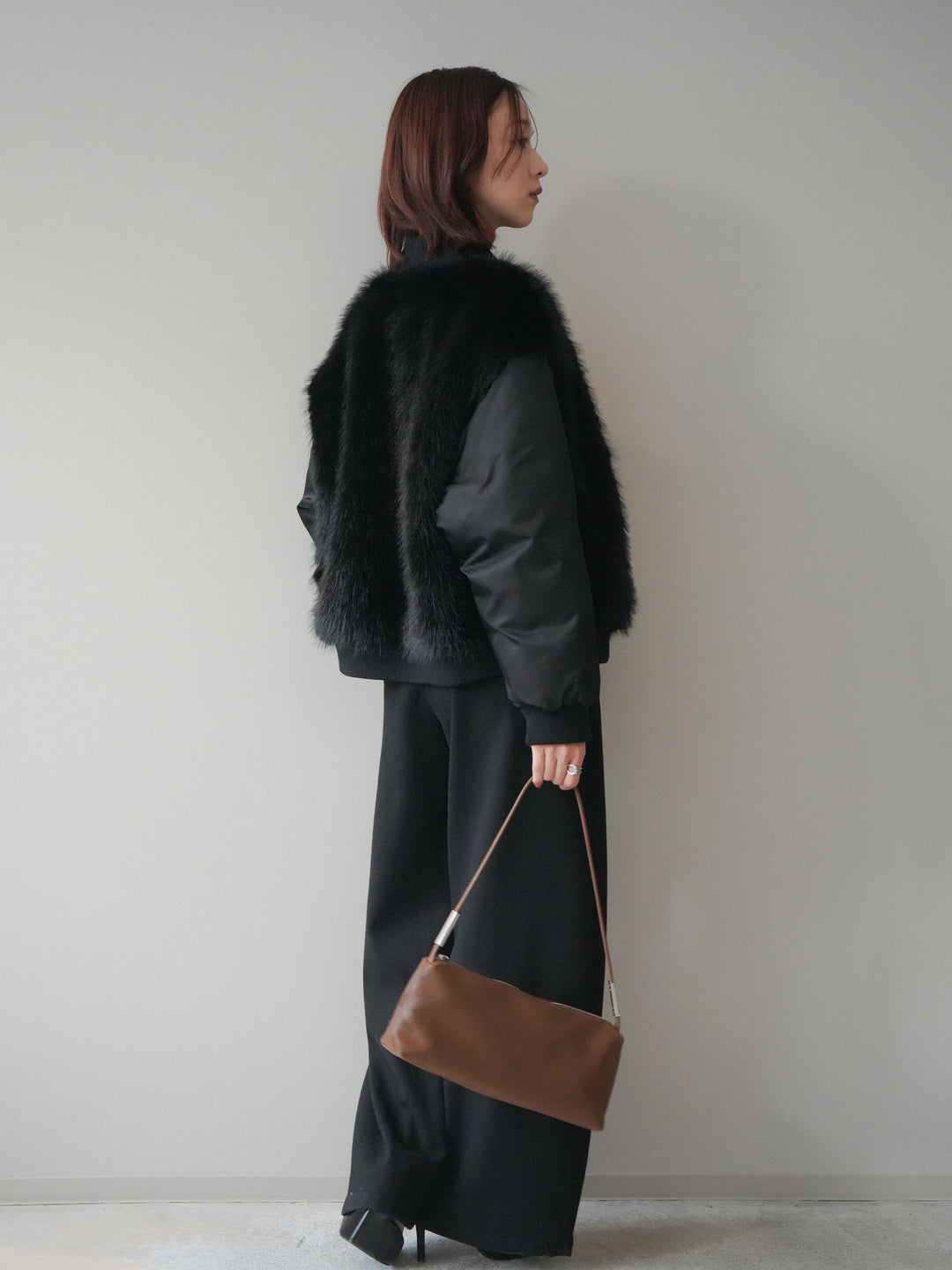 [SET]ファードッキングMA-1+袖ボタンボトルネックリブニットトップス+アニマル柄ベルト付きウールタッチワイドパンツ(3set)