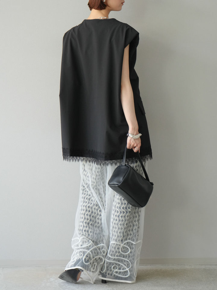 [予約]レーヨンフレックススラブウェーブ柄ストレートパンツ/ブラック